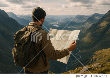 Man with backpack and map standing in mountain valley planning route during hiking trip in remote natural landscape 126637364