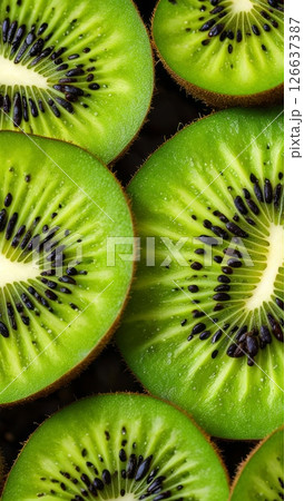 Close-up of fresh sliced kiwi fruit with vibrant green flesh and black seeds, showing juicy texture and natural pattern 126637387
