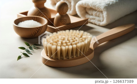 Wooden body brush with soft bristles on spa table with towels, salt and natural accessories symbolizing skincare and self-care routine 126637389