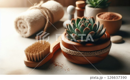 Wooden body brush with succulent plant, towel and spa accessories on table symbolizing natural skincare, wellness and self-care routine 126637390