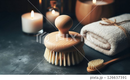 Wooden dry body brushes with towel and candles on dark spa table symbolizing natural skincare, massage therapy and wellness routine 126637391