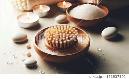 Wooden body brush in bowl with sea salt, candles and massage stones on spa table symbolizing relaxation, skincare and wellness therapy 126637392