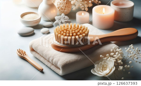 Wooden body brush on towel with candles, flowers, sea salt and massage tools in spa setting for beauty, wellness and selfcare rituals 126637393