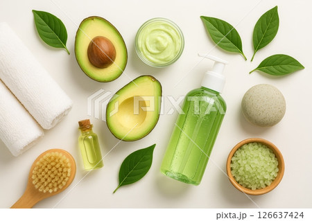 Avocado spa composition with oil, lotion, cream, salt, towel, brush and green leaves, flat lay for organic skincare and wellness concept 126637424