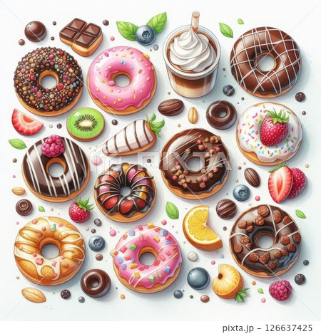 Assorted colorful donuts with icing, fruits, chocolate and coffee on white background, sweet dessert top view 126637425