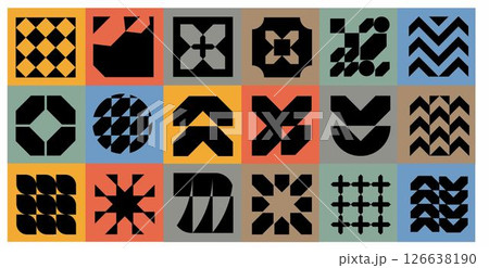 Modern mosaic background with bold abstract geometry. Minimalist postmodern composition, Swiss grid layout, brutal shapes, primitive blocks, and decorative art nouveau influence. 126638190