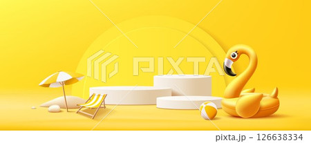 Summer podium display, Yellow flamingo inflatable swimming pool, beach umbrella, pile of sand, beach ball, banner design 126638334