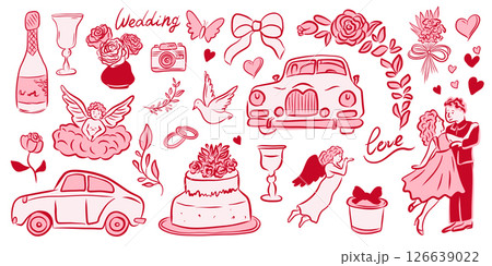 Elements of a Wedding Celebration Illustrated in a Beautiful Red Theme  Vector Graphics 126639022