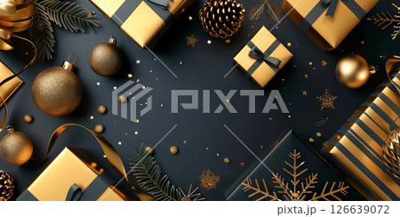Luxurious Christmas Gifts and Ornaments on Elegant Black Background Celebration of Holiday Glam, Festive Decor, Seasonal Cheer. Copy space Luxurious Christmas Gifts and Ornaments on Elegant Black Background Celebration of Holiday Glam, Festive Decor, Seasonal Cheer. Copy space 126639072