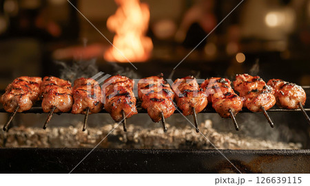 Grilled chicken skewers on barbecue with open flame at outdoor party. concept of social gathering, cooking, grilling, festive atmosphere 126639115
