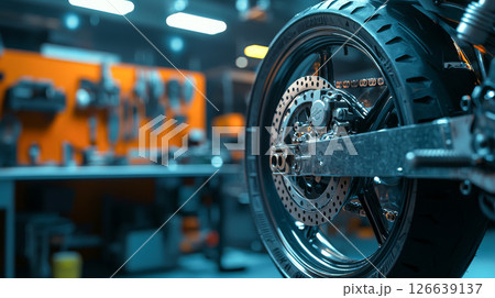 Close-up of motorcycle wheel in workshop setting. concept of engineering precision, mechanical innovation, automotive design, high-tech craftsmanship, repair shop, garage, service center, Copy space 126639137