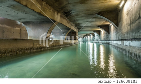 Architectural design of a modern underground sewer system with clear water reflections Architectural design of a modern underground sewer system with clear water reflections 126639183