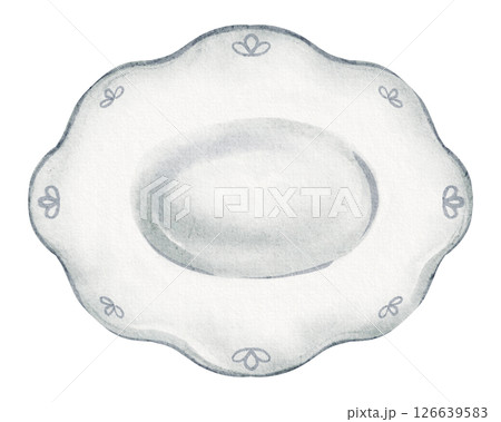 Watercolor Porcelain Plate illustration with elegant classic design. Drawing of decorative ceramic dish for table settings, celebrations, or fine dining events. Art for hospitality presentations. Watercolor Porcelain Plate illustration with elegant classic design. Drawing of decorative ceramic dish for table settings, celebrations, or fine dining events. Art for hospitality presentations. 126639583