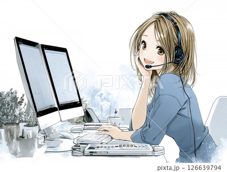 コールセンターで働く若い女性のイラスト素材 126639794