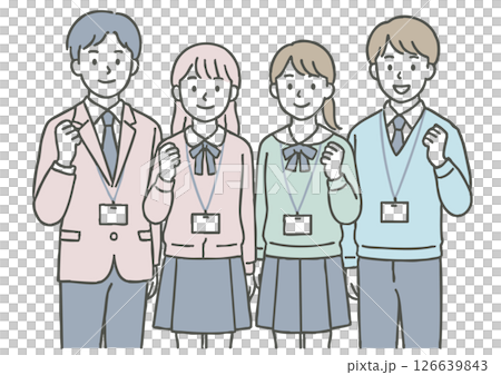 An illustration of a group of young men and women wearing name tags and posing together (new employees, interns, students) 126639843