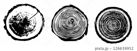 Collection of tree cross-sections. Set of tree stumps with annual rings. Natural wood texture, tree slices, vector illustration. 126639952