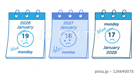 Illustration of the Blue Monday Calendar Dates specifically for January 2026, 2027, and 2028 Bundle 126640078