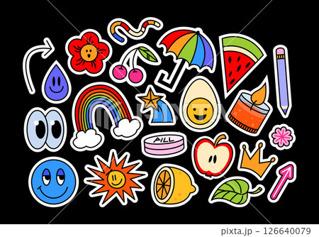 Funny futuristic y2k patches, labels, tags, stamps in retro style. Cartoon stickers in funky hipster grunge 90s style. Cute flat illustrations for kids. Doodle isolated vector set, trendy promo labels 126640079