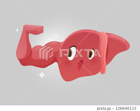 This cartoon liver flexes its muscle to show the power of good care and lasting health. This cartoon liver flexes its muscle to show the power of good care and lasting health. 126640115