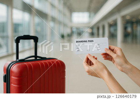 Hands holding boarding pass with red suitcase at airport terminal. concept of travel preparation, journey, modern transportation, wanderlust, exploring new destinations 126640179