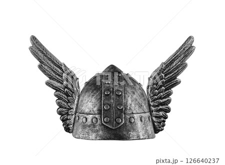 Medieval knight helmet with wings isolated on white background Medieval knight helmet with wings isolated on white background 126640237