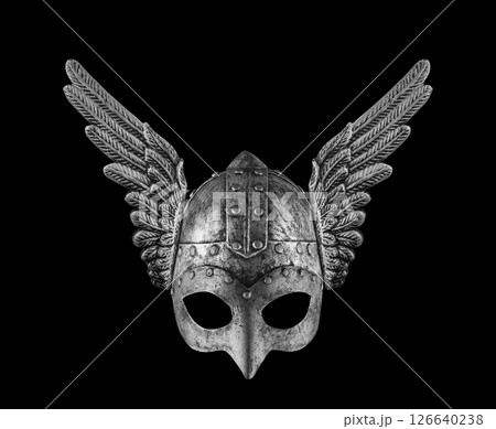 Medieval knight helmet with wings isolated on black background 126640238