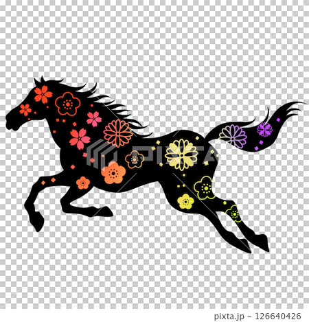 馬年：美麗的馬和花插圖，日本圖案 126640426