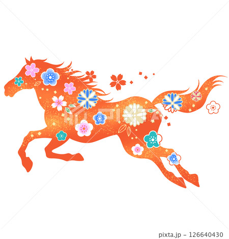 午年 美しい馬と花のイラスト 和柄 午年 美しい馬と花のイラスト 和柄 126640430