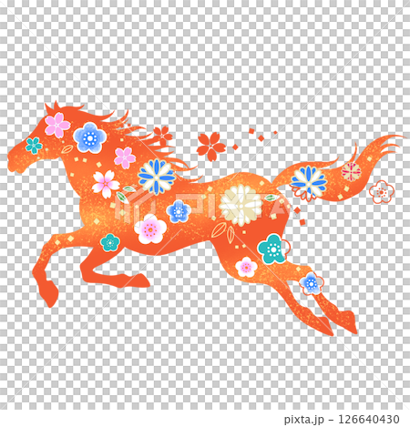 Year of the Horse: Beautiful horse and flower illustration, Japanese pattern Year of the Horse: Beautiful horse and flower illustration, Japanese pattern 126640430