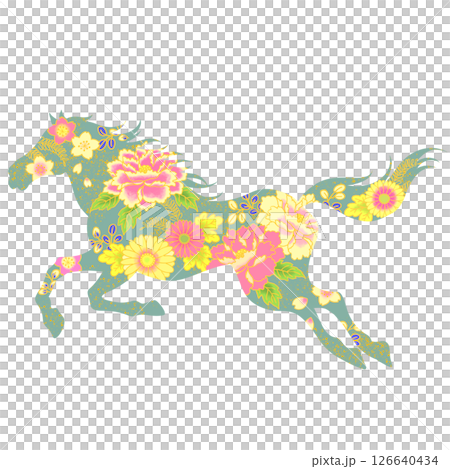 馬年：美麗的馬和花插圖，日本圖案 126640434