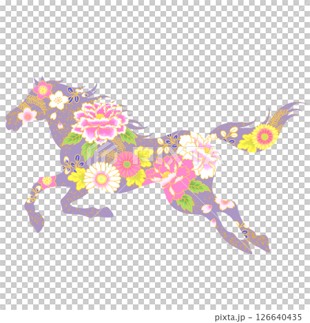 馬年:美麗的馬和花插圖,日本圖案 馬年:美麗的馬和花插圖,日本圖案 126640435