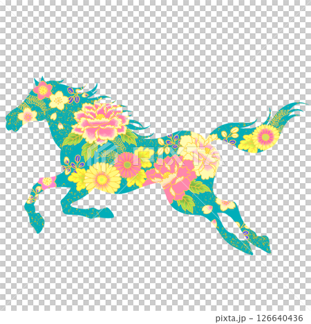 馬年：美麗的馬和花插圖，日本圖案 126640436