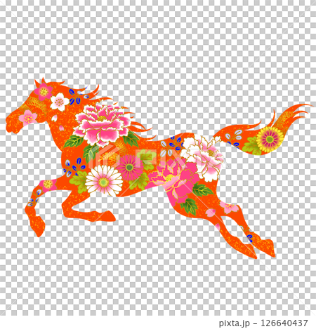 馬年:美麗的馬和花插圖,日本圖案 馬年:美麗的馬和花插圖,日本圖案 126640437