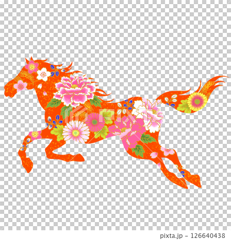 Year of the Horse: Beautiful horse and flower illustration, Japanese pattern Year of the Horse: Beautiful horse and flower illustration, Japanese pattern 126640438