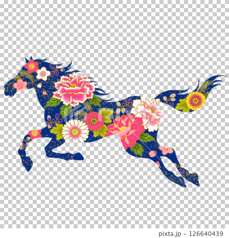 Year of the Horse: Beautiful horse and flower illustration, Japanese pattern Year of the Horse: Beautiful horse and flower illustration, Japanese pattern 126640439