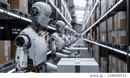 A row of humanoid robots in a warehouse setting. The robots are white with metallic accents, positioned near cardboard boxes. The environment is modern and industrial. 126640541