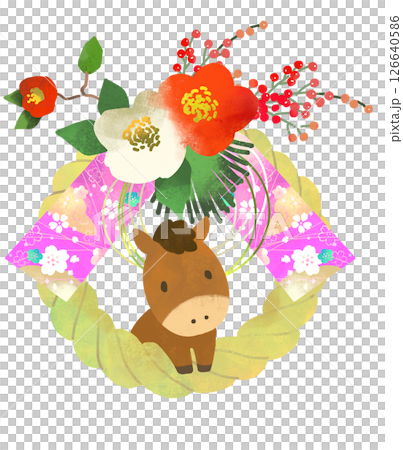 馬年 - 注連繩、注連飾和可愛的馬插圖 126640586