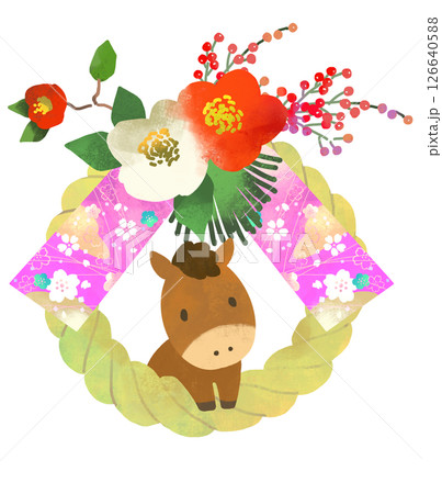 午年　しめ縄　しめ飾りと馬のかわいいイラスト 126640588