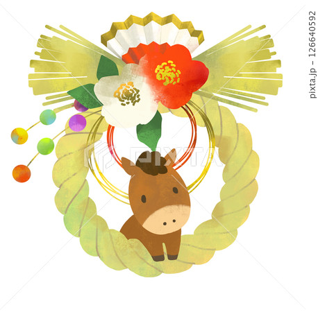 午年　しめ縄　しめ飾りと馬のかわいいイラスト 126640592