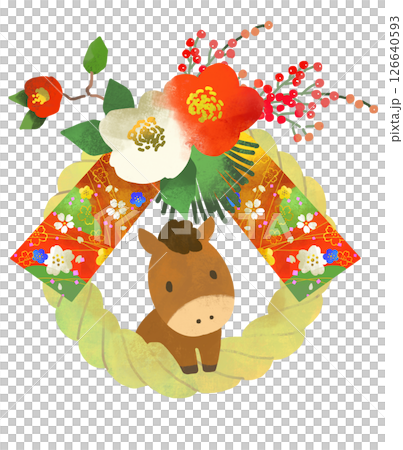 馬年 - 注連繩、注連飾和可愛的馬插圖 126640593