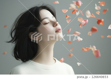 Woman with long black hair is looking at the camera 126640653