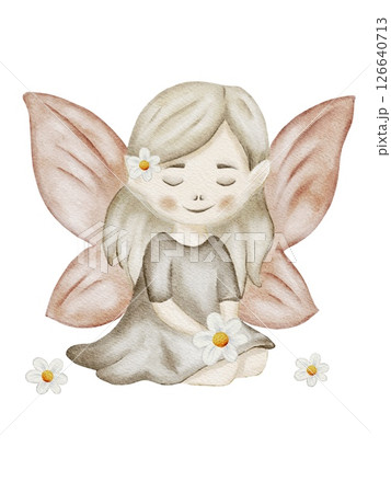 Charming fairy with delicate wings and daisies in a soothing watercolor design for textiles 126640713