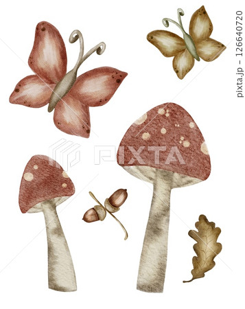 Whimsical watercolor design of fairies, mushrooms, and butterflies for textiles Whimsical watercolor design of fairies, mushrooms, and butterflies for textiles 126640720