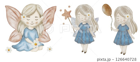 Unique watercolor fairy designs in soft colors for creative projects and textile patterns 126640728