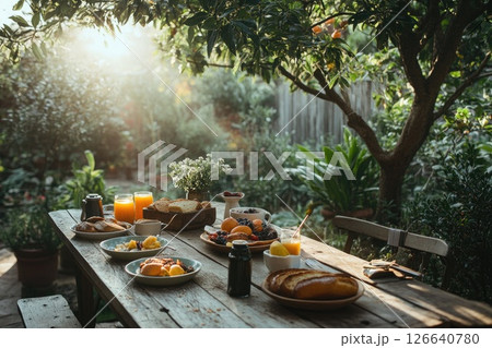 Breakfast spread on rustic wooden table in lush garden with sunlight filtering through trees 126640780