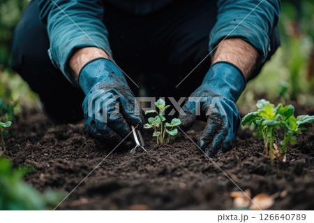 Gardener in blue gloves planting seedlings in rich soil, showcasing nurturing and growth Gardener in blue gloves planting seedlings in rich soil, showcasing nurturing and growth 126640789
