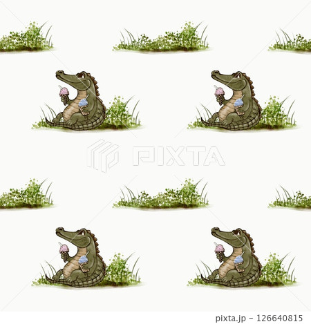 Crocodile enjoying ice cream among playful monkeys in a seamless watercolor pattern 126640815