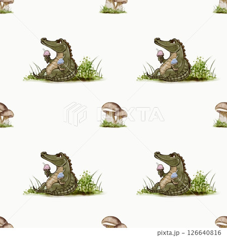 Crocodile enjoys ice cream in a playful watercolor textile pattern design 126640816