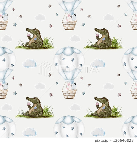 Crocodile and monkey enjoying ice cream in a whimsical watercolor pattern for textile design 126640825