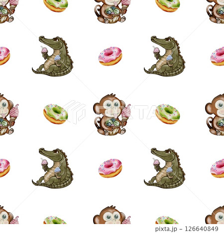 Crocodile and monkey enjoying ice cream in a playful watercolor pattern design Crocodile and monkey enjoying ice cream in a playful watercolor pattern design 126640849